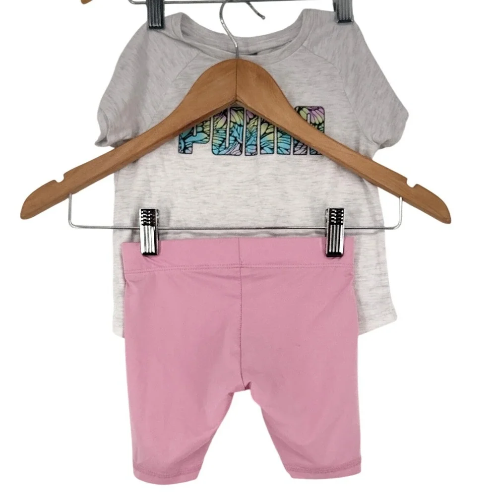 Puma Toddler Girls 3T Gray Pink Butterfly Logo T-Shirt and Bike Shorts Set - Picture 2 of 5